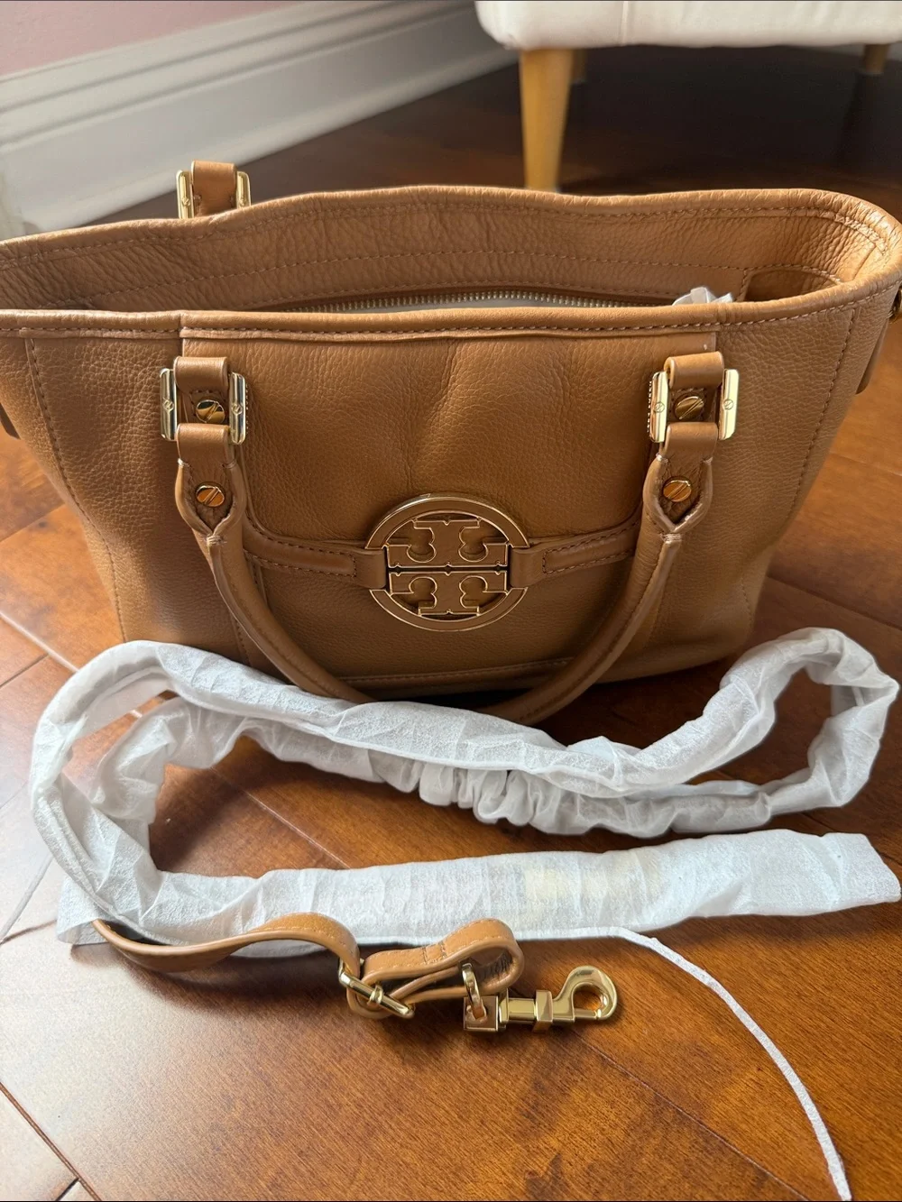 Tory Burch Cognac Pebbled Leather Tote with Logo Medallion